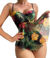 Mesh Tankini Top Size Large C Cup Tropical Print Adjustable Straps Resort Summer