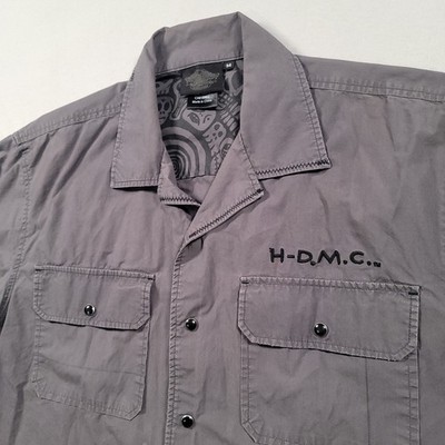 Harley Davidson H-DMC Shirt Mens Medium Gray Cotton Snap Front Biker
