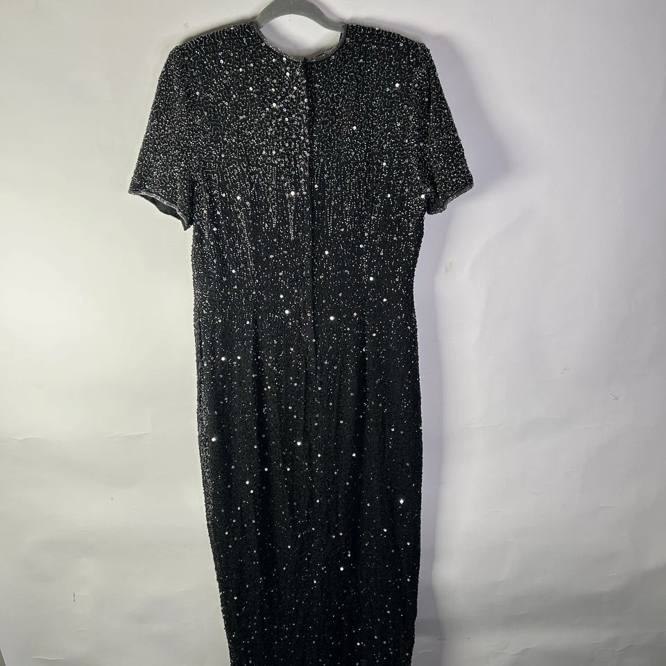 Stenay Formal Gown Black A Line Silk Silver Sequin Bead Short Sleeve Zip Sz 16 - Image 4 of 4