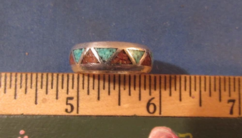VINTAGE SIGNED SOUTHWEST STERLING SILVER WITH TURQUOISE & CORAL RING SIZE 9 1/4