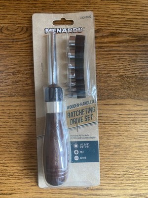 NEW Menards Wooden-Handled Ratcheting Drive Set; 4 Sockets 2 Bits Socket Adapter