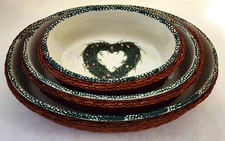 NESTING BAKING DISHES W/FITTED SERVING BASKETS-Heart Design-Stoneware-Set of 3