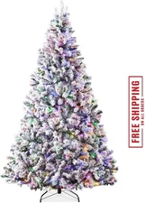 Pre-Lit Snow Flocked Artificial Christmas Tree with White and Multicolor Lights