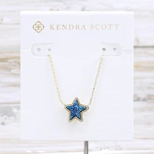 NWT Kendra Scott Jae Star Blue Drusy Pendant Necklace Gold Tone