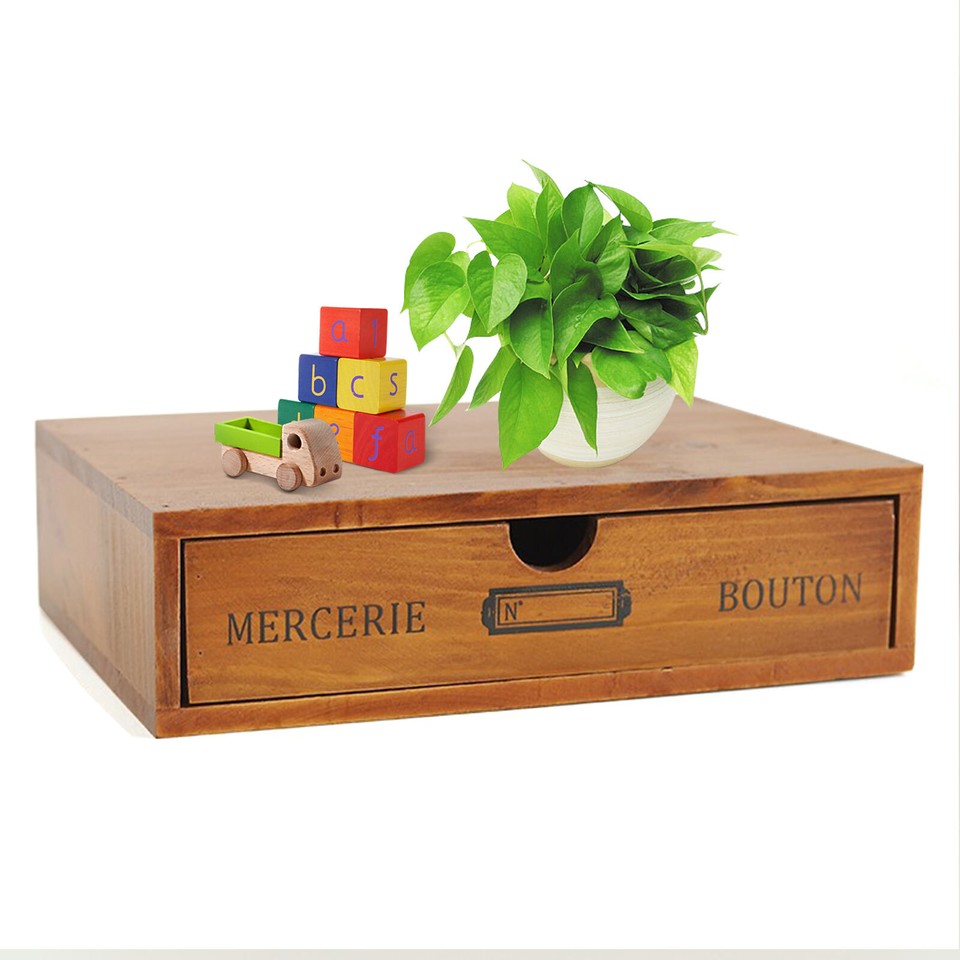 Vintage Wooden Desktop Storage Box Drawer Office Home Table Display