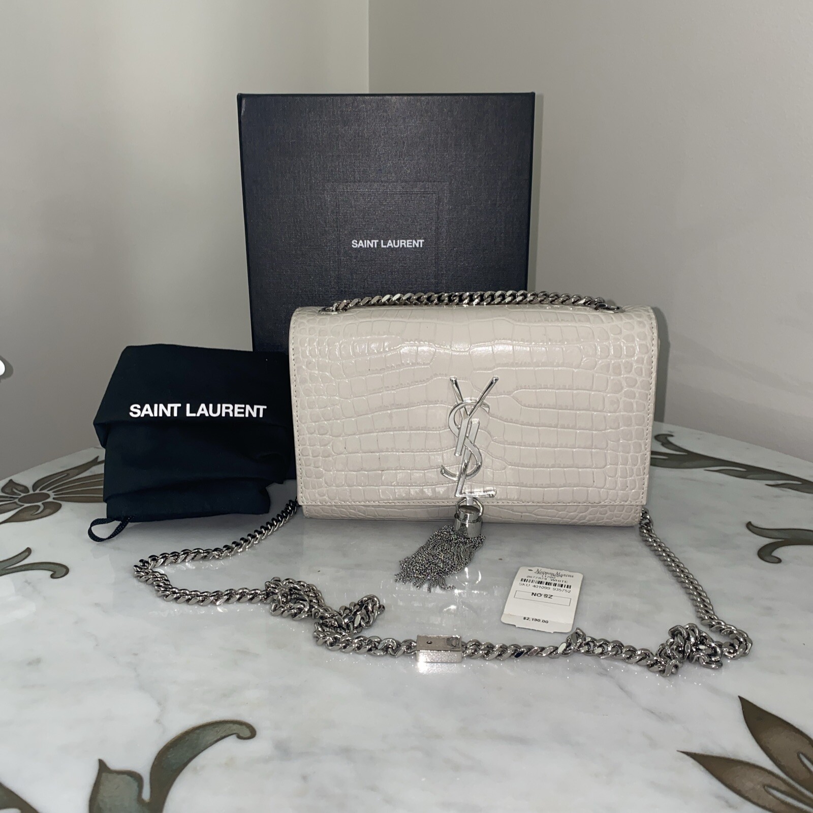 Saint Laurent Kate borsa a tracolla piccola in pelle goffrata di coccodrillo beige
