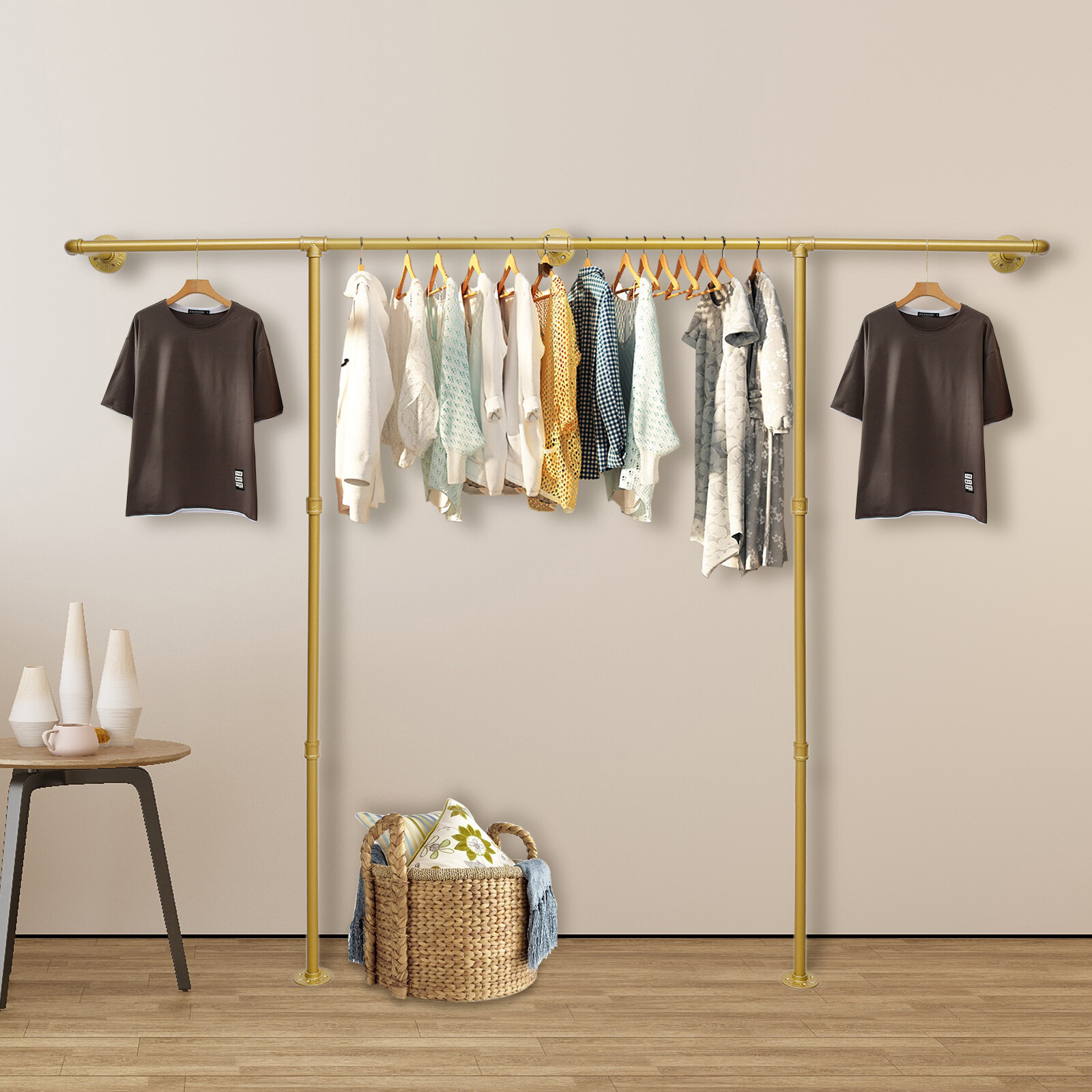Metal Clothes Rail Hanging Storage Shelf Bedroom Wall Garment Clothes Rack Gold