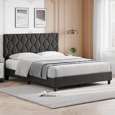 Queen Size Platform Bed Frame with Upholstered Headboard  Wooden Slats Support