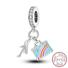 MULA 925 Sterling Silver DIY Charm CZ Enamel Airplane Luggage For Women Bracelet