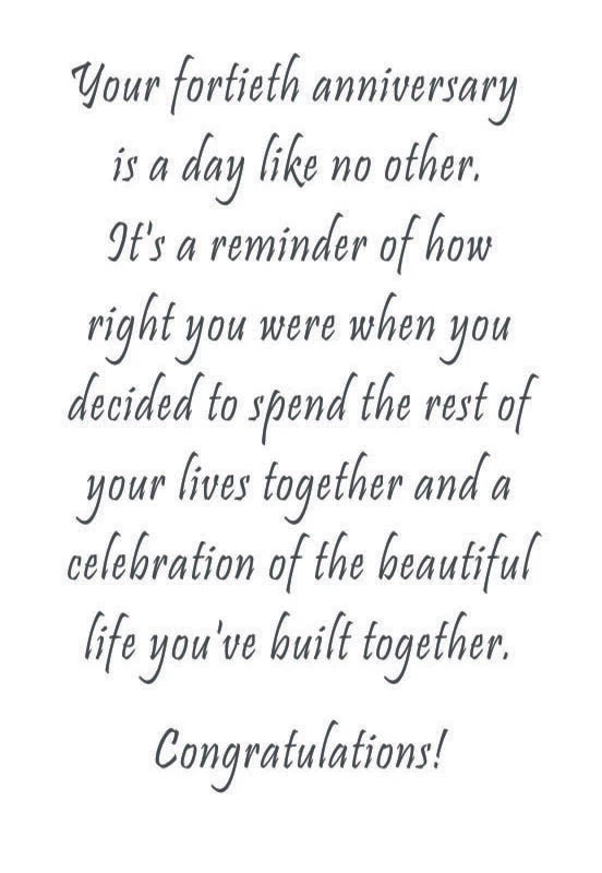 Tarjeta de felicitación 40 aniversario de boda con nombres y verso personalizados en el interior Foto 2 de 4