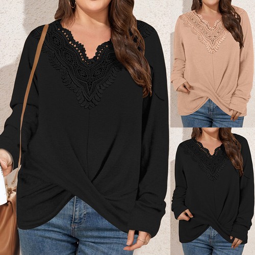Plus Size Women Solid Lace V Neck Tunic Tops Long Sleeve Baggy T Shirt Blouse US