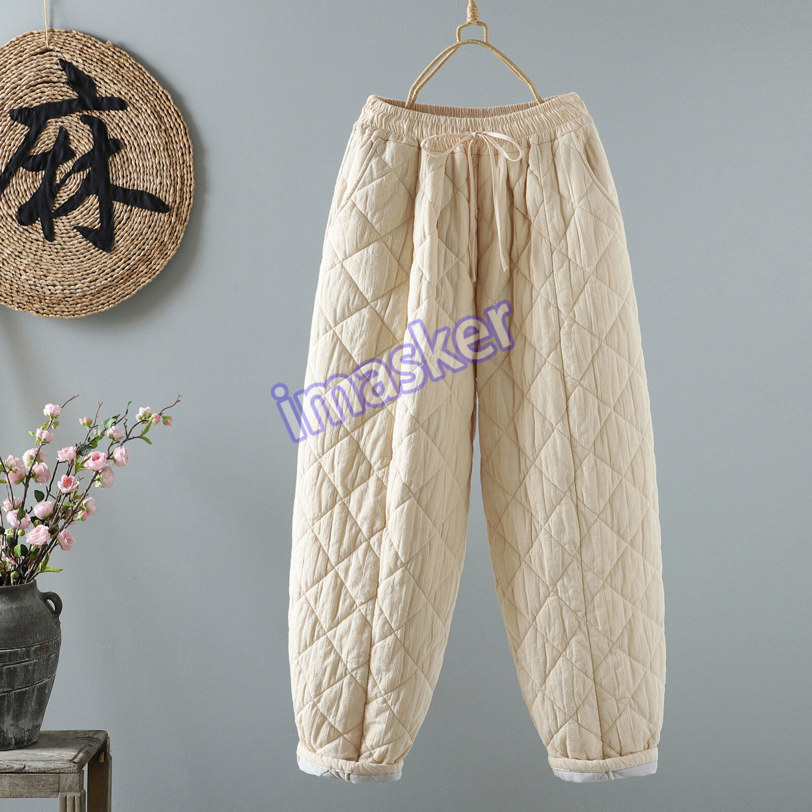 Womens Linen High Waist Lace Up Padded Pants Winter Warm Casual Quilted Trousers
