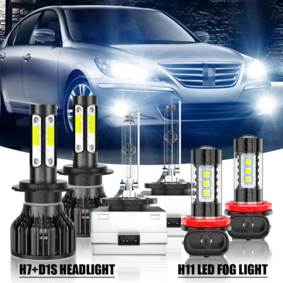 6X H7+D1S+H11 LED Headlight Fog Bulbs Hi Low Beam 6000K For Hyundai Genesis 2011