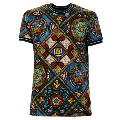 DOLCE & GABBANA Vitrage Krone Print Baumwolle T-Shirt Schwarz Blau Gold Rot