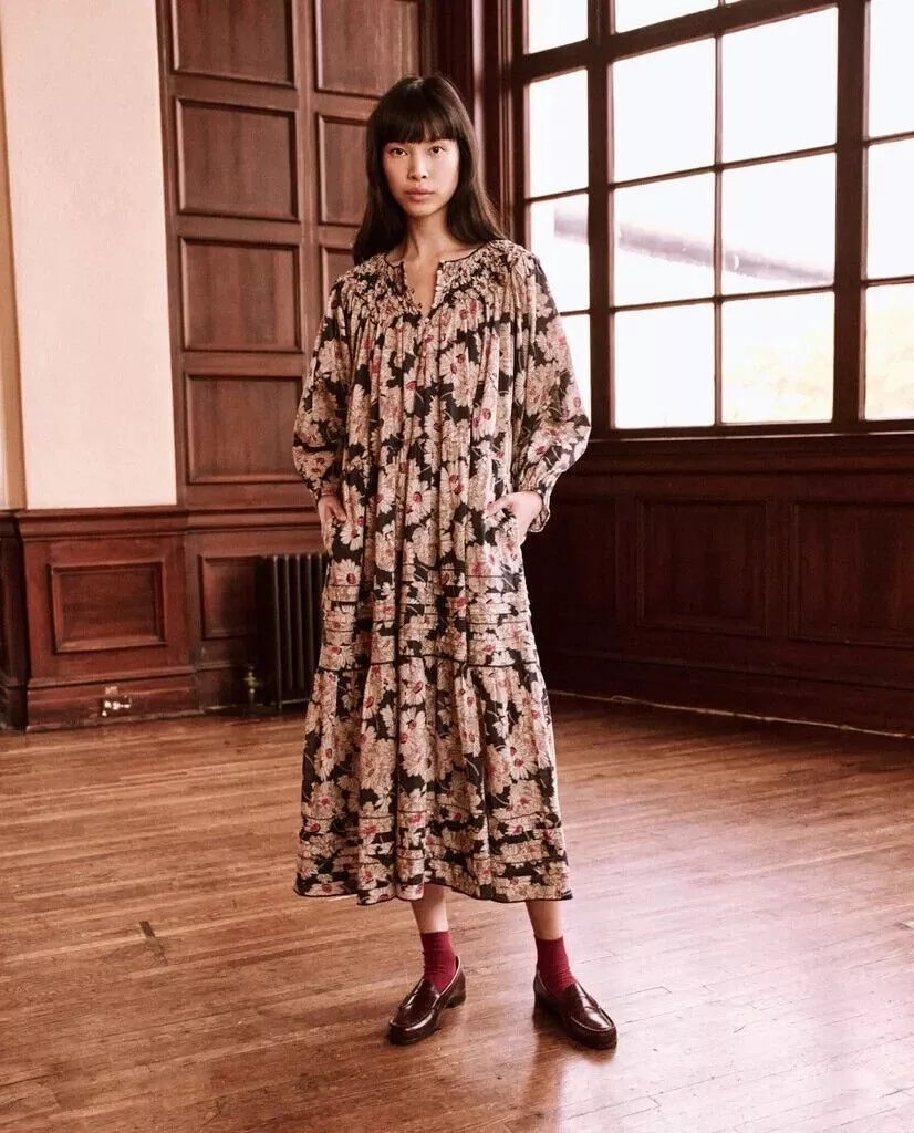 The Great Smocked Plumeria Midi Dress Bloom Printed Cotton