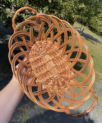 Vintage Wicker Woven Basket Gathering Small Towel Bohemian Scandi Design Handles