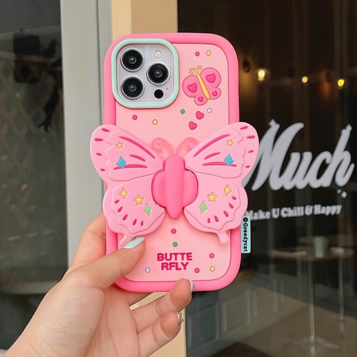 Pink Butterfly Holder Silicone Case for iPhone X XS XR 11 12 13 14 15 16 Pro Max - Picture 8 of 14