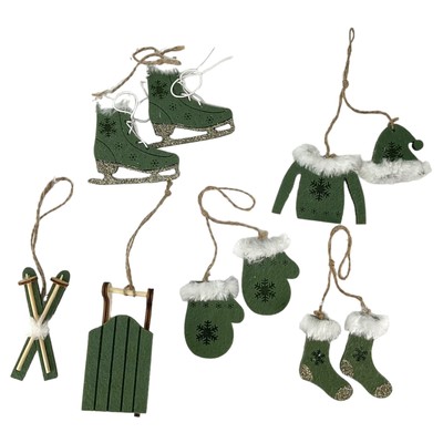 Felt and Wood Green Winter Christmas Ornaments 6 Piece Set