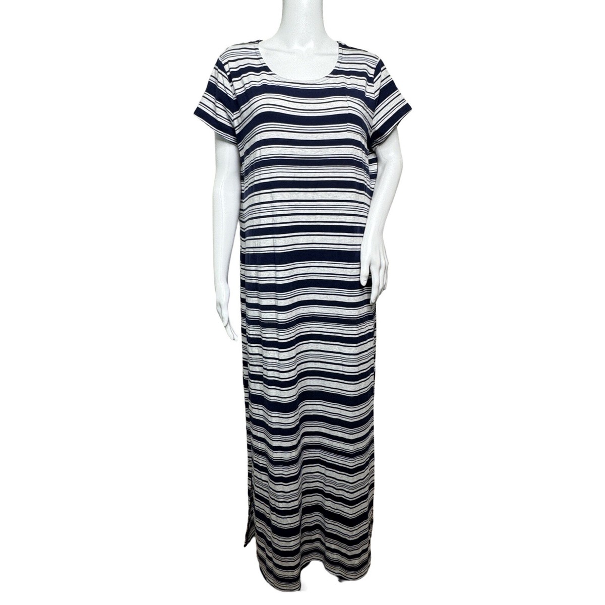 Chicos Dress Womens Large Blue Gray Laurel Striped Maxi Dress Casual  Everyday