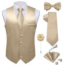Mens Satin Suit Vest and Tie Set 8PCS Solid Waistcoat and 3X-Large Champagne