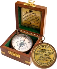 to My Son Engraved Brass Compass with Wooden Box – Antique 