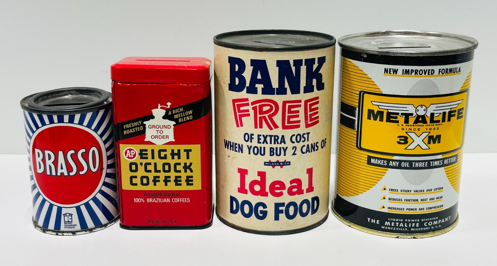 4 Vintage Advertising Coin Banks Metal Coffee Brasso Ideal Dog Food Metalife