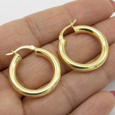 4mm x 25mm 1" All Shiny Plain Hoop Earrings 14K Yellow Gold-Plated Silver 925