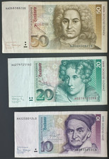 Vintage Lot of 3 Deutsche Mark 50 20 10 DM Banknote 1989 1991 Circulated NICE