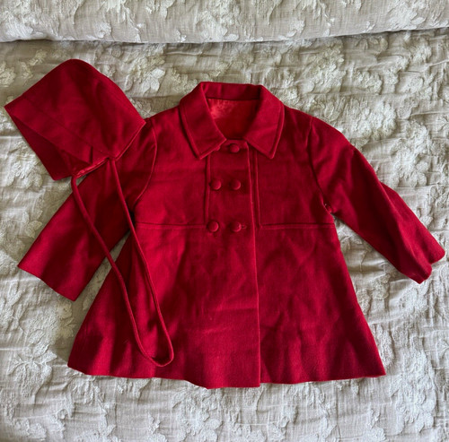 Millicent's of San Francisco Vintage Red Kids Unisex Coat & Bonnet Size 2T