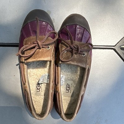 UGG Women s Purple Brown Leather Lace-Up Flat Round Toe Logo Bow US 7