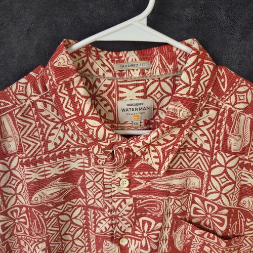 Quiksilver Waterman Shirt Men 2XL Red Tribal Hawaiian Tailored Fit Short Sleeve - Picture 4 of 10