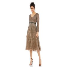 Mac Duggal Long Sleeve Sequin Midi Dress Taupe Bronze V-Neck A-Line 5528 Size 22