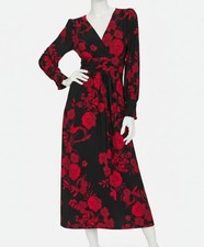 Tommy Hilfiger Women's Black Floral Pleated Surplice Smocked Cuff Dress Size 2