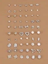 30 Pairs Silver Assorted Stud Earrings Set Hearts Flowers Bows Stars