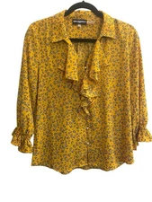 KARL LAGERFELD Small Ruffle Blouse V-Neck Pearl Buttons Yellow Black Top #5774