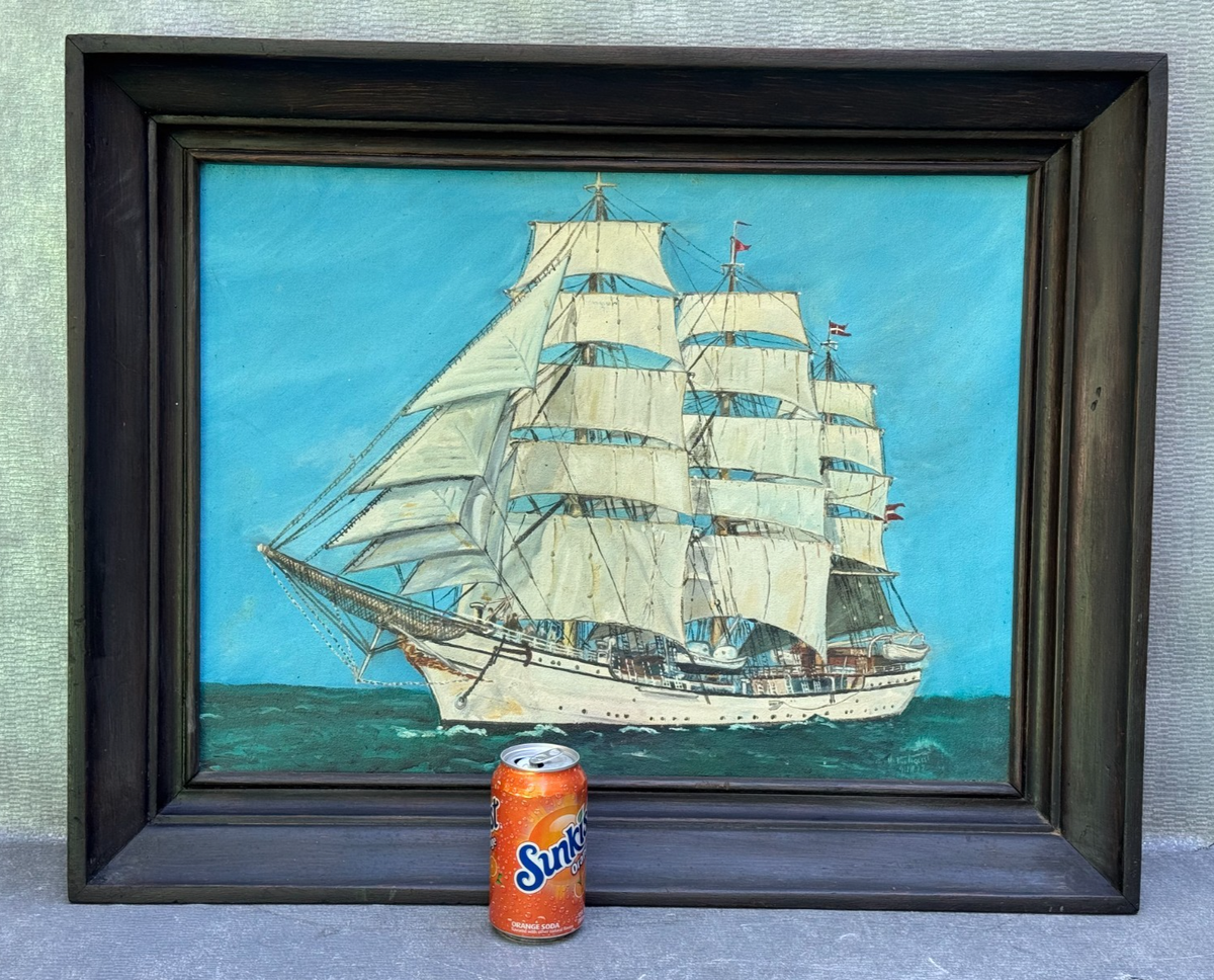 VINTAGE OIL PAINTING TALL SHIP VESSEL DENMARK DANISH DUTCH FLAG
