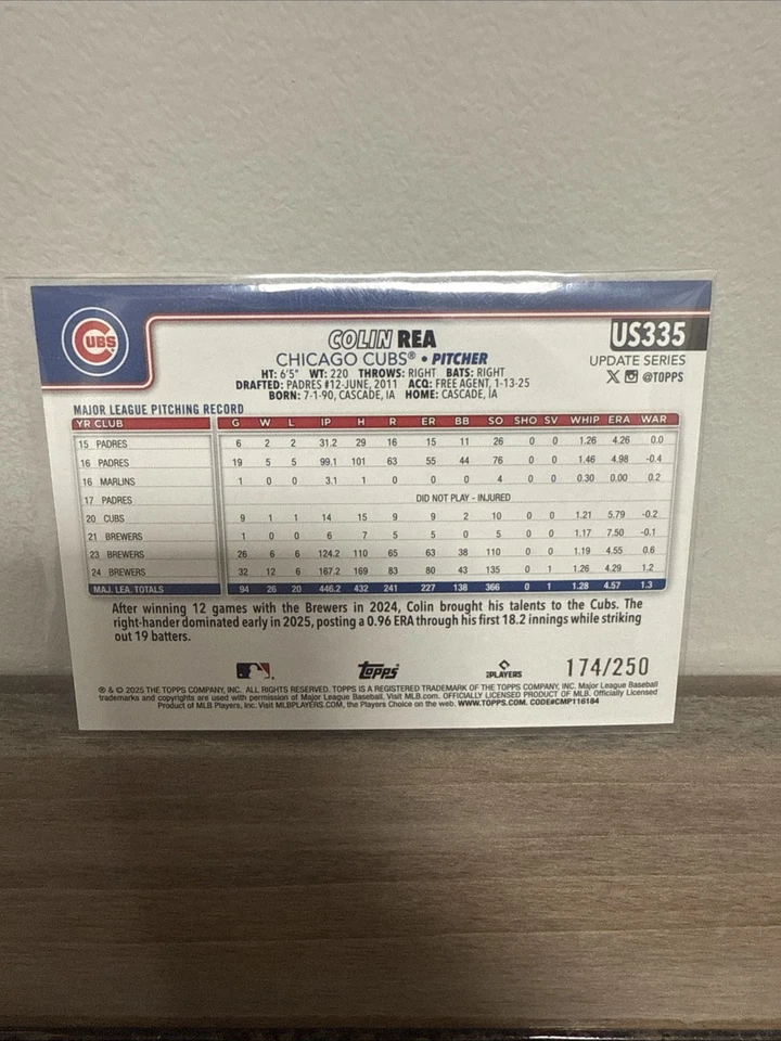 COLIN REA 2025 Topps Update PURPLE HOLO FOIL #'d /250 Cubs - Image 2 of 2