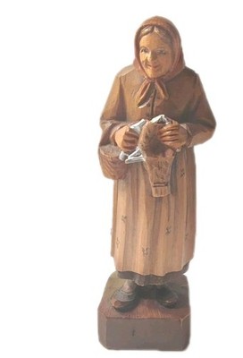 Vintage Folk Art Carved Wood Figurine Woman Holding A Basket Switzerland