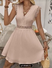 Elegant breathable V Neck Khaki Dress Size L