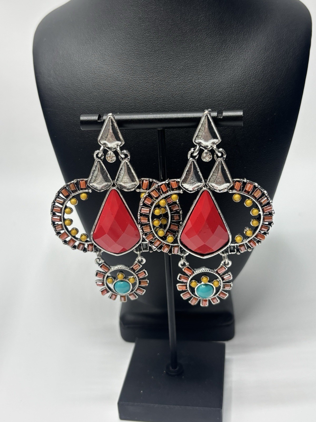 Statement Multi-Colored Earrings Post Silver Tone… - image 1