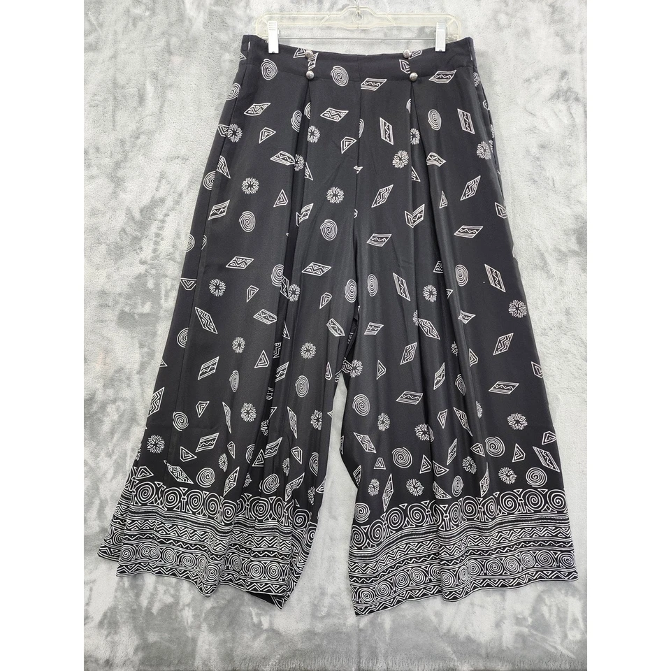 复古 Leslie Fay Crop Culottes Palazzo 裤子 14 码黑色白色打褶流畅 — 第 2/4 张图片