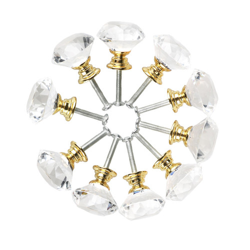 30mm Dia Diamond Crystal Glass Drawer Knobs Pull Handle Gold 10pcs