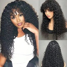 Water Wave Human Hair Wigs with Bangs Machine Made Deep Curly Fringe Wig Remy