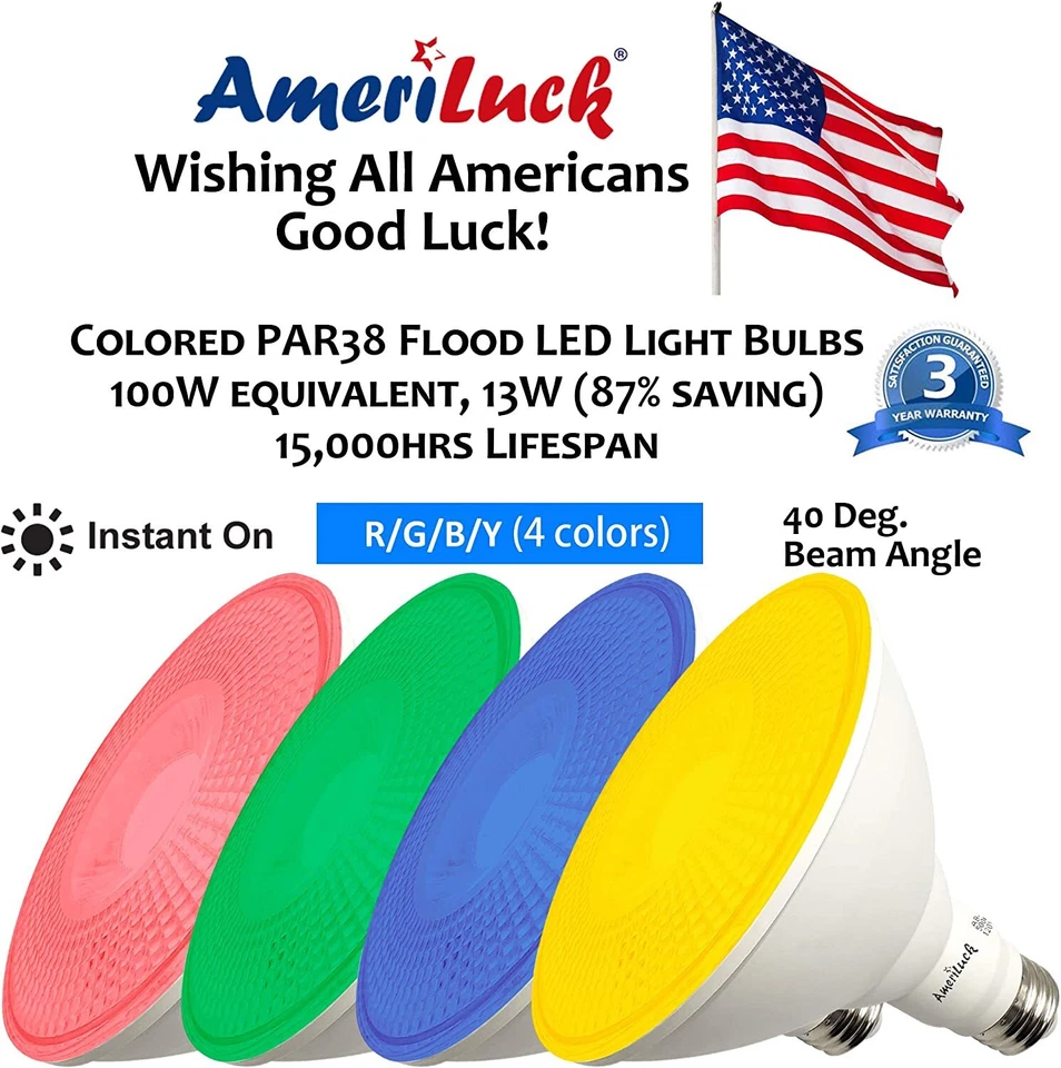4 Pack PAR38 LED Multicolor Flood Light Bulb 13W Waterproof Outdoor Use - Image 2 of 4
