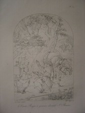 Gravure Le Comte Roger de Calabre à genoux devant Saint Bruno Eustache Le Sueur