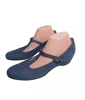 FLAVIO MENORCA Damen  Ballerina Mary Jane Gr. DE 41 Leder Blau Wedge Keilabsatz 