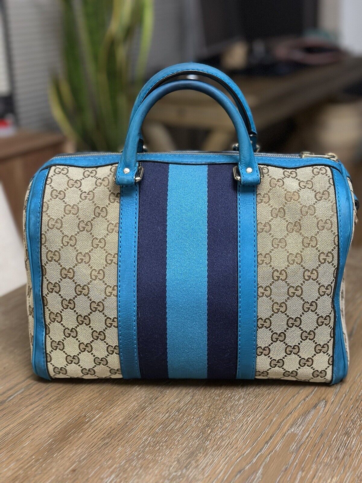 Gucci Vintage Web Boston GG Canvas Stripe Handbag… - image 1