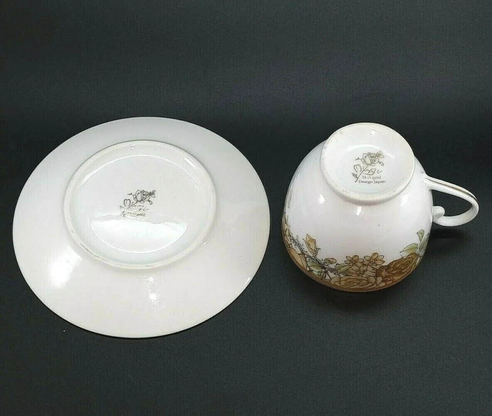 4 x Tea Cups & Saucers 24 Ct Gold Floral Japan Porcelain Yellow Roses - Image 4 of 4