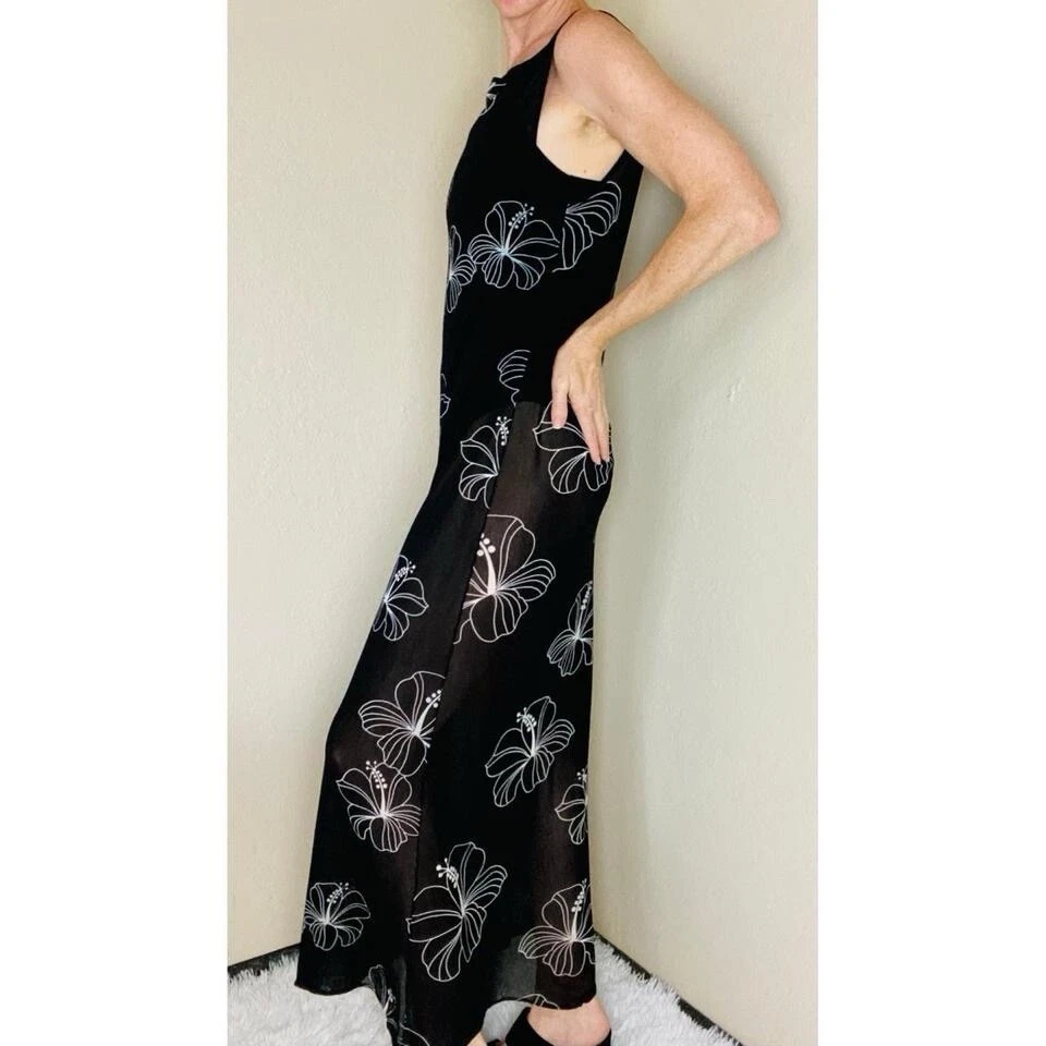 Vestido maxi vintage Y2K Vivienne Tam preto e branco hibisco floral transparente - Imagem 2 de 4