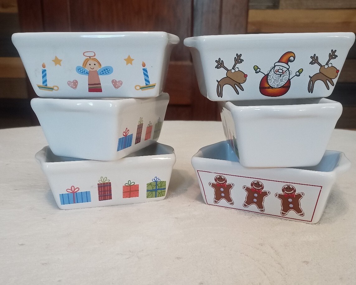 Set of 6 Christmas Ceramic Mini Loaf Pans Oven Dishwasher Safe Makes
